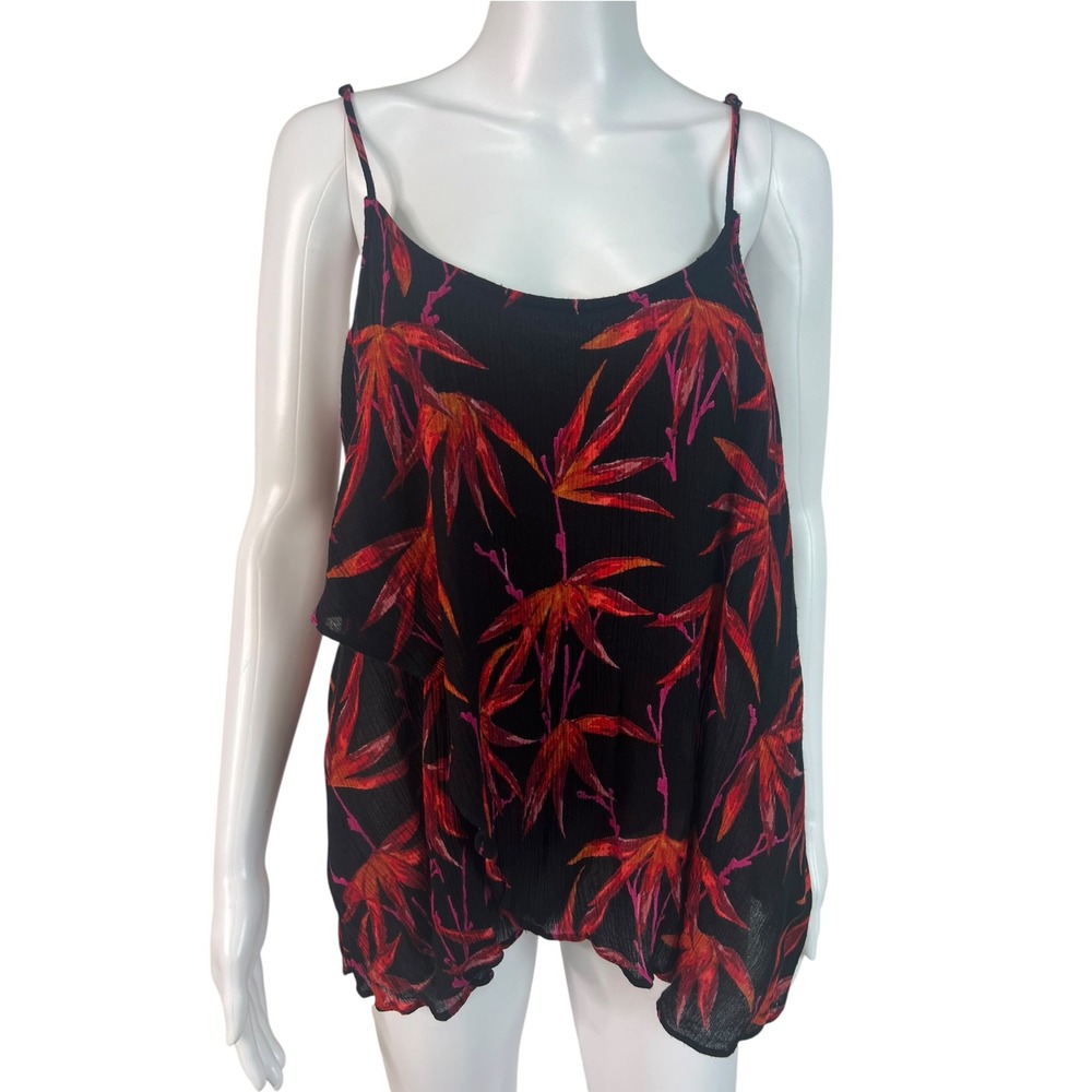 Intimately Free People Top Cami Black Red Tropical Leaf Ruffle Boho Indie Size L